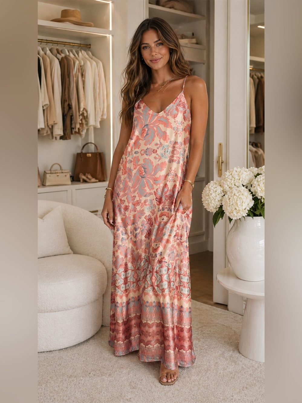Nicole Miller Satin Pink and Gold Floral Maxi Slip Dress - Picture 2 of 8